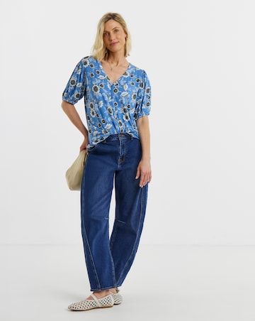 Blue Floral Button Front Short Sleeve Top
