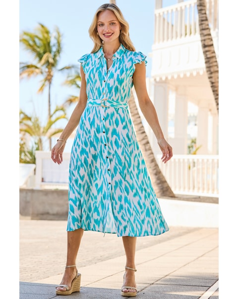 Sosandar Blue Ikat Print Ruffle Sleeve Shirt Dress