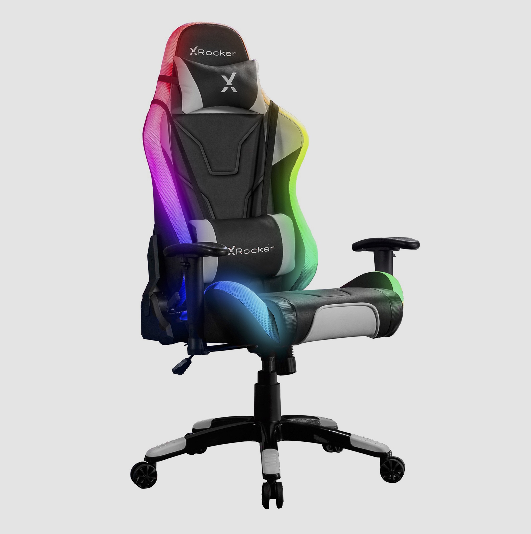 A black computer game chair with colourful parts to it.