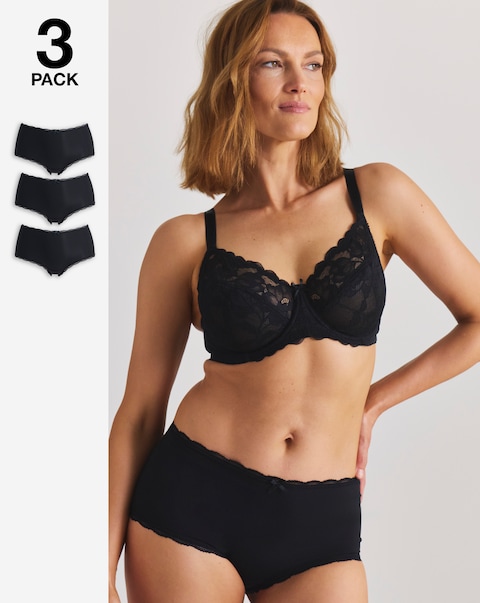Pretty Secrets (3 Pack) Rib Microfibre Lace Trim Short Knickers