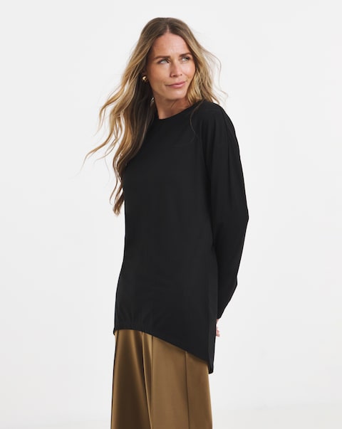 Black Crew Neck Long Sleeve Dipped Back Top