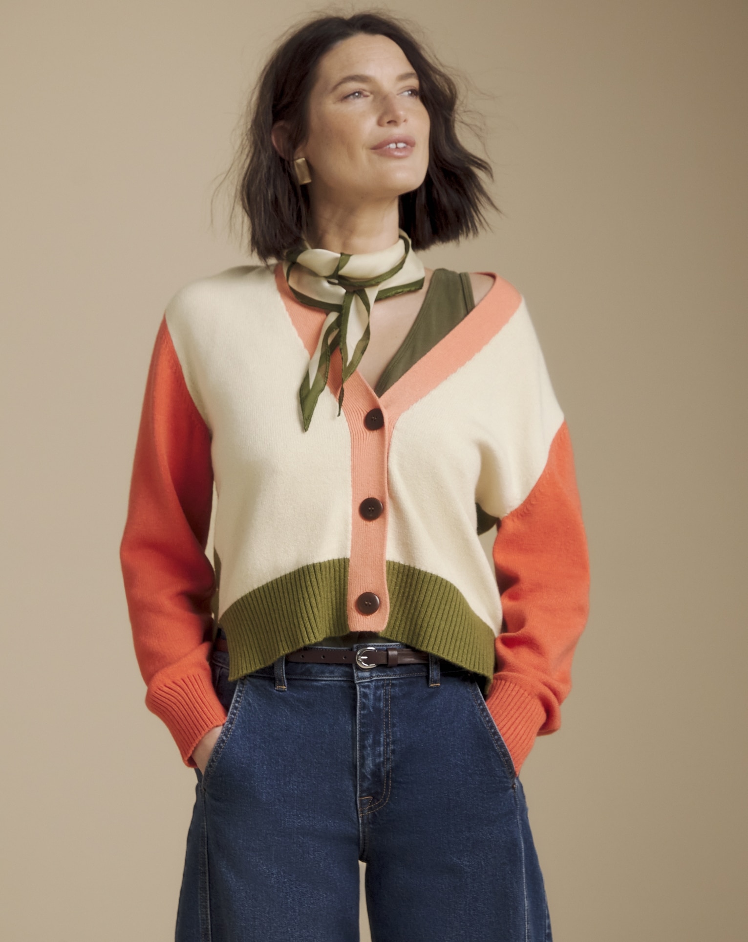 Woman wearing a Julipa Colour Block Cardigan

