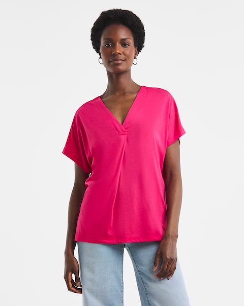 Pink Pleated V Neck Grown on Sleeve Top