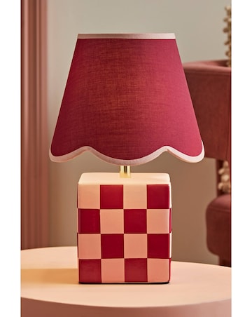 ValueLights Evie Burgundy Checkerboard Table Lamp Pink Scallop Shade