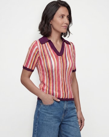 Crochet Stripe Knitted Short Sleeve Polo