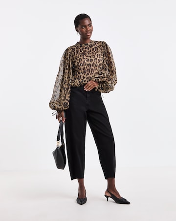 Leopard Foil Print High Neck Exaggerated Sleeve Blouse