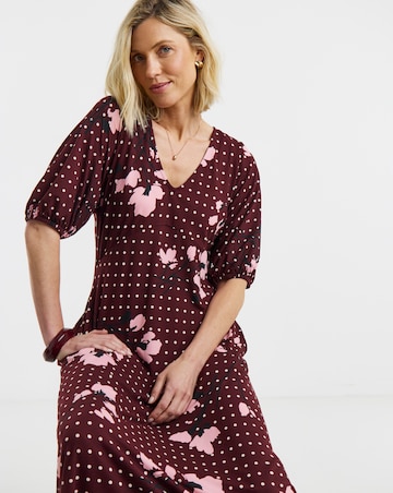 Burgundy Floral Puff Sleeve Jersey Tea Dress