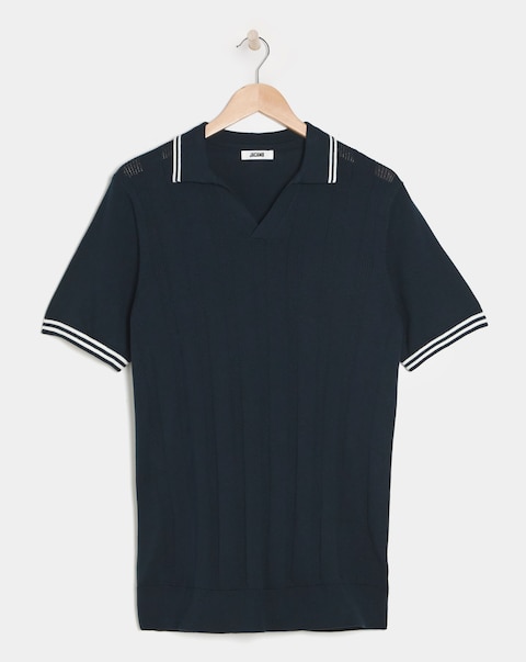 Navy Knitted Open Neck Polo