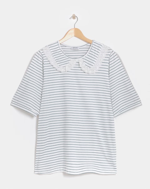 Pure Cotton Stripe Crew Neck Lace Collar Top