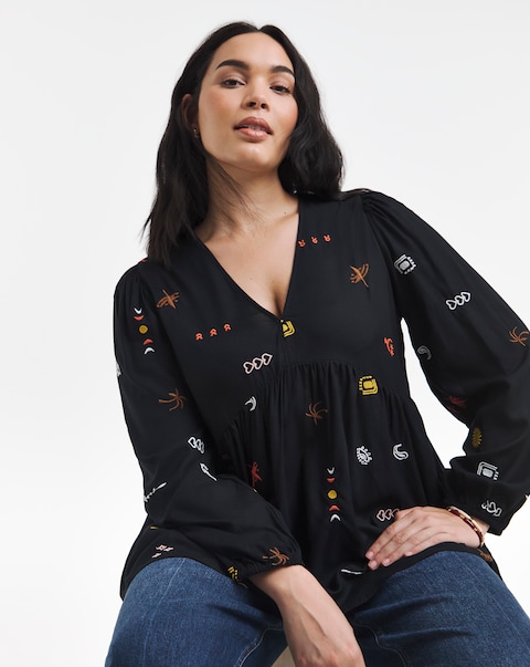 Simply Be Black Embroidered Smock Blouse
