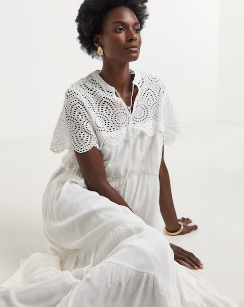 Crinkle Broderie Trim Smock Dress