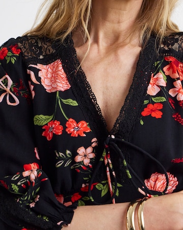 Black Floral Print Lace Trim Puff Sleeve Midi Tea Dress
