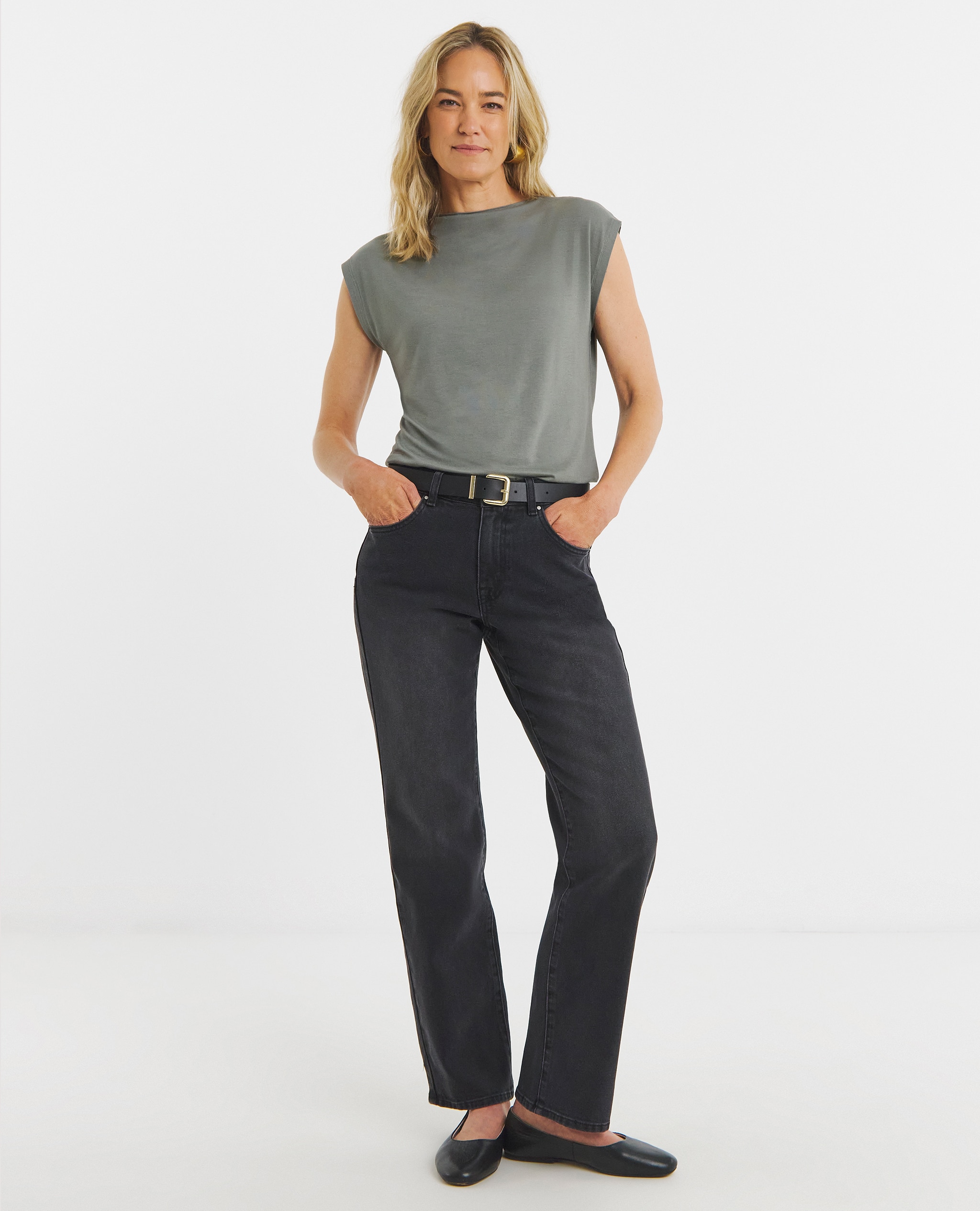 Model wears Washed Black Authentic Straight Leg Jeans