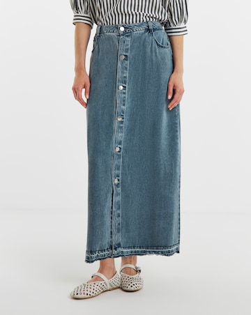 Button Front Midi Denim Skirt with Tencel TM Lyocell