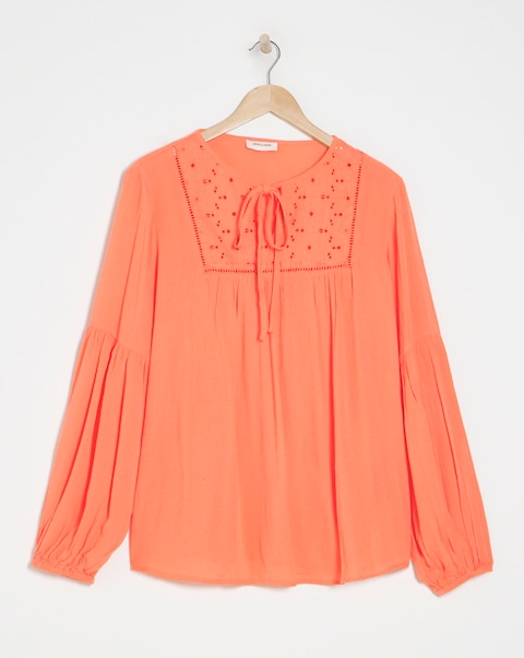 Textured Crinkle Broderie Yoke Trim Blouson Sleeve Blouse