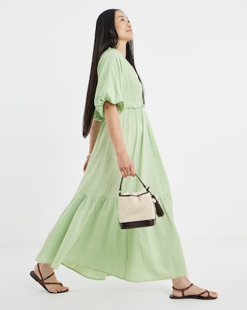 Pure Cotton Textured Bubble Sleeve Maxi Dress