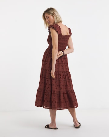 Chocolate Broderie Shirred Midi Dress