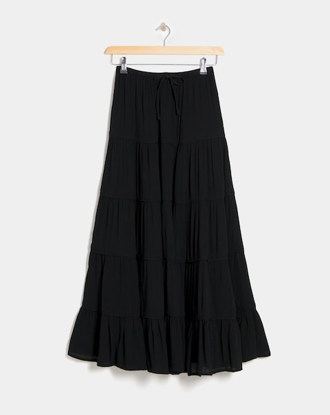 Black Textured Crinkle Tiered Maxi Skirt