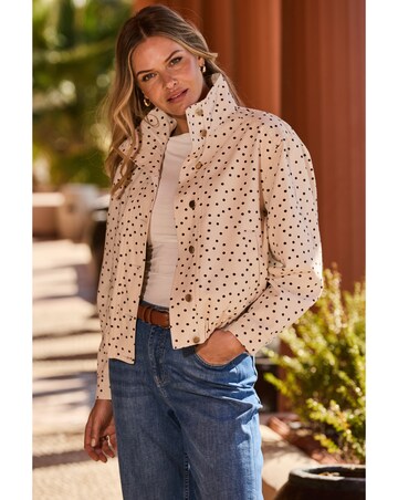 Sosandar Funnel Neck Polka Dot Denim Jacket With Gold Trims