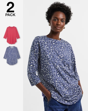 Rose And Print 2 Pack 3/4 Sleeve Curved Hem Longline Top