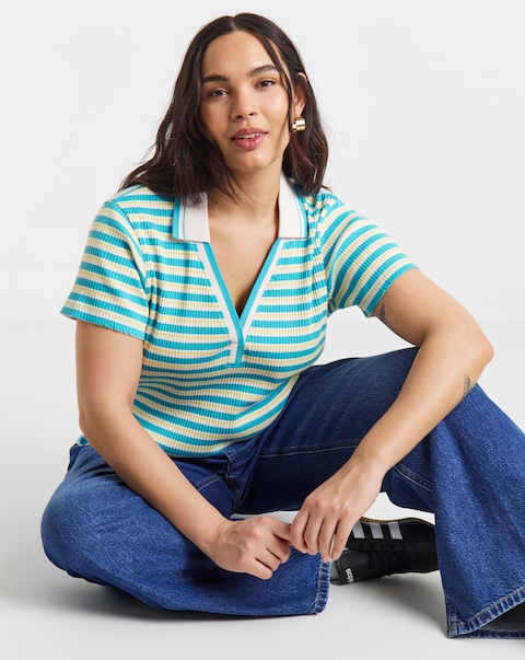 Blue Stripe Polo Collar Cap Sleeve Top