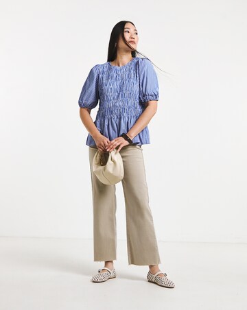 Navy Shirred Peplum Stripe Crew Neck Blouse