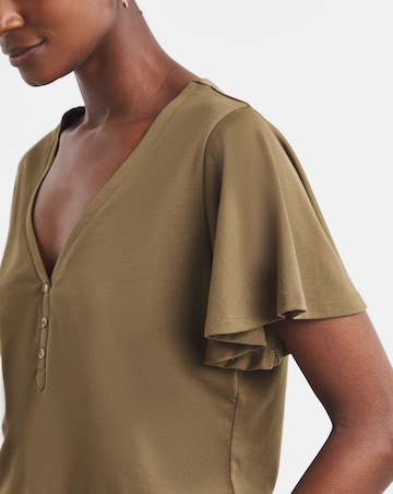 Khaki Button Front Frill Sleeve Top