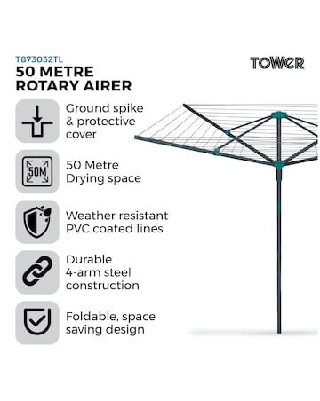 Tower 50m Rotary Airer with Cover and Ground Spike