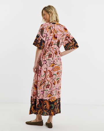 Pink Floral Border Print Frill Sleeve Maxi Dress