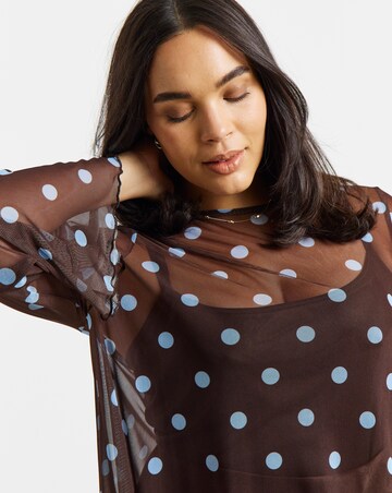 Simply Be Blue And Brown Spot Mesh Long Sleeve Asymmetrical Longline Top