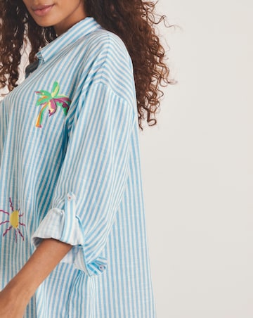 Embroidered Button Up Stripe Beach Shirt