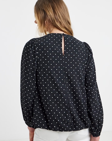 Crew Neck Blouson Sleeve Blouse - Black Spot