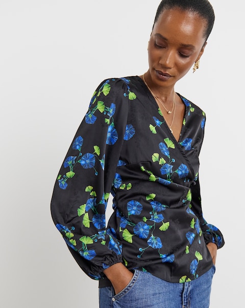 Joanna Hope Floral Satin Wrap Blouse