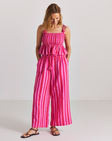 Pink Stripe Shirred Beach Top and Trouser Co-Ord Set