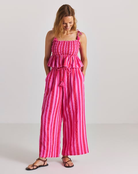 Pink Stripe Cotton Shirred Beach Top and Trouser Co-Ord Set