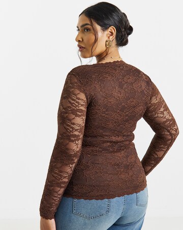 Chocolate Lace Sweetheart Neckline Long Sleeve Top