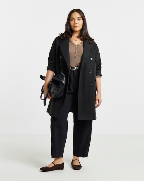 Simply Be Black Double Breasted Lined Coat