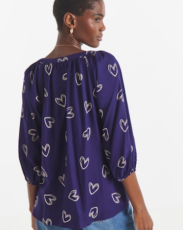 Navy Heart Collarless Button Through Blouse