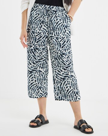 Navy Print Linen Mix Cropped Wide Leg Culottes