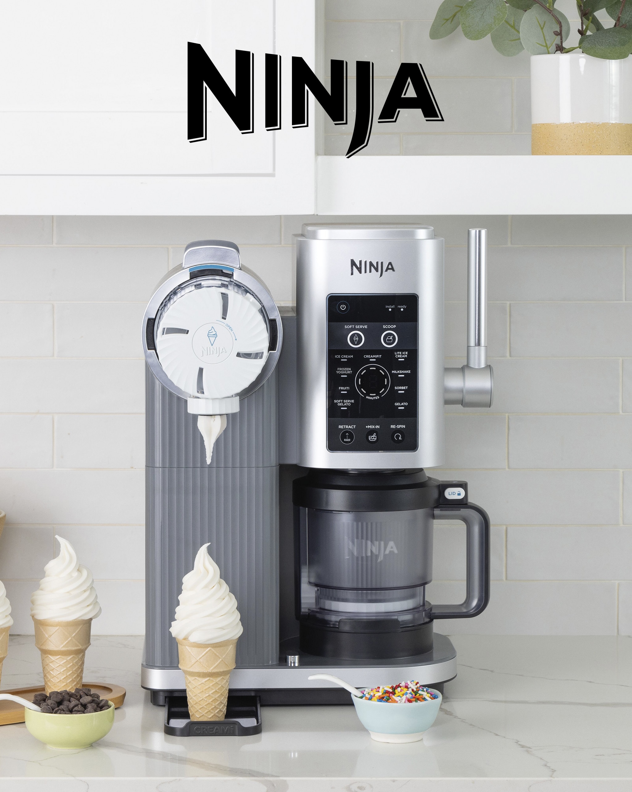 A Ninja ice cream making machine. on a kitchen worktop.