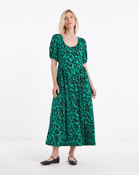 Green Animal Print Jersey Detail Midi Dress