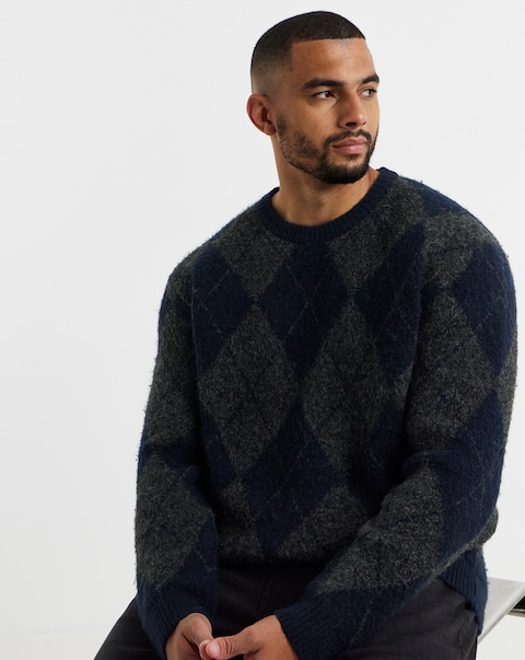 Jack & Jones Premium Blasimon Souffle Crew Neck Knit Argyle Jumper - Navy/Grey