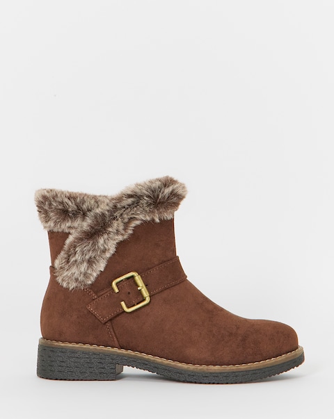 Cushion Walk Faux Fur Cuff Crepe Sole Ankle Boots - Wide Fit (E)