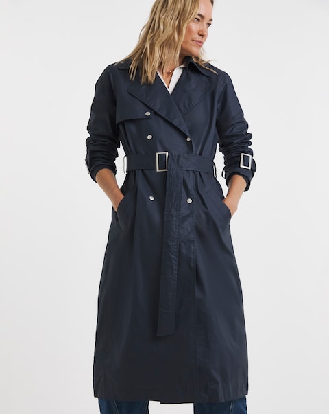 Double Breasted Coated Trench Coat - Navy