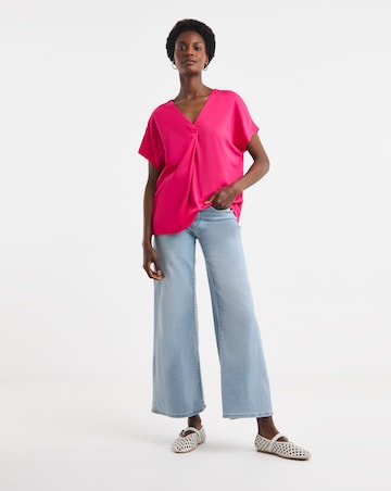 Pink Pleated V Neck Grown on Sleeve Top