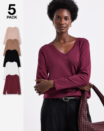 Black, White, Burgundy, Mocha, Blush 5 Pack V-Neck Long Sleeve T-Shirt