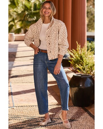 Sosandar Funnel Neck Polka Dot Denim Jacket With Gold Trims
