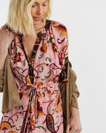 Pink Floral Border Print Frill Sleeve Maxi Dress