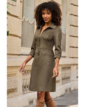 Sosandar Zip Though Luxe Faux Suede Dress