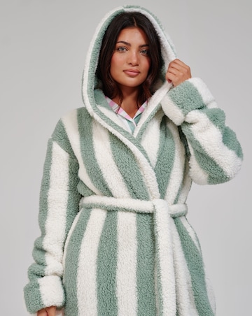 Loungeable Striped Cosy Borg Fleece Midi Hooded Dressing Gown